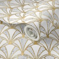 Crackled Cream Scallop Shells in Off-White with Gold Art Deco Vintage Foil Pattern
