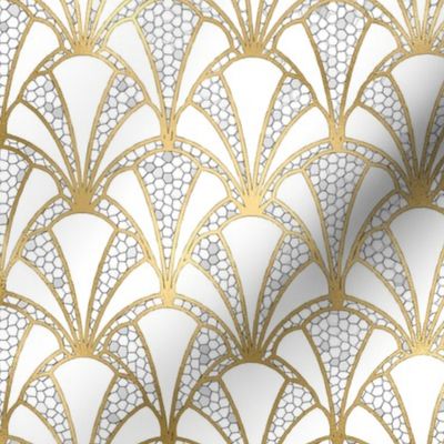 Crackled Cream Scallop Shells in Off-White with Gold Art Deco Vintage Foil Pattern