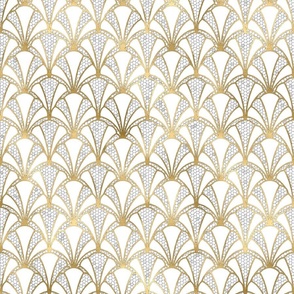 Crackled Cream Scallop Shells in Off-White with Gold Art Deco Vintage Foil Pattern