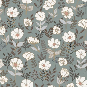 Heathcliff Field, Cream Flowers on Teal, Large Scale 