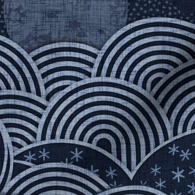 Cozy Night Sky Monochromatic Navy Blue Extra Large- Full Moon and Stars Over the Clouds- Indigo Blue- Relaxing Home Decor- Nursery Wallpaper- Large Scale