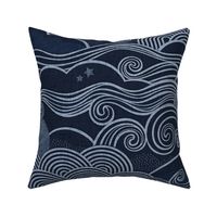 Cozy Night Sky Monochromatic Navy Blue Extra Large- Full Moon and Stars Over the Clouds- Indigo Blue- Relaxing Home Decor- Nursery Wallpaper- Large Scale