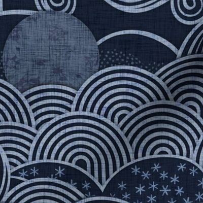 Cozy Night Sky Monochromatic Navy Blue Large- Full Moon and Stars Over the Clouds- Indigo Blue- Relaxing Home Decor- Nursery Wallpaper- Large Scale