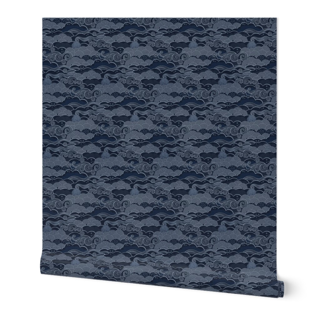Cozy Night Sky Monochromatic Navy Blue Small- Full Moon and Stars Over the Clouds- Indigo Blue- Relaxing Home Decor- Nursery Wallpaper