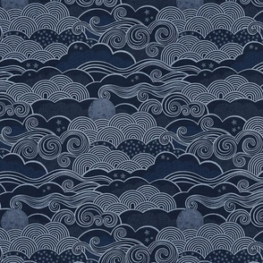 Cozy Night Sky Monochromatic Navy Blue Small- Full Moon and Stars Over the Clouds- Indigo Blue- Relaxing Home Decor- Nursery Wallpaper