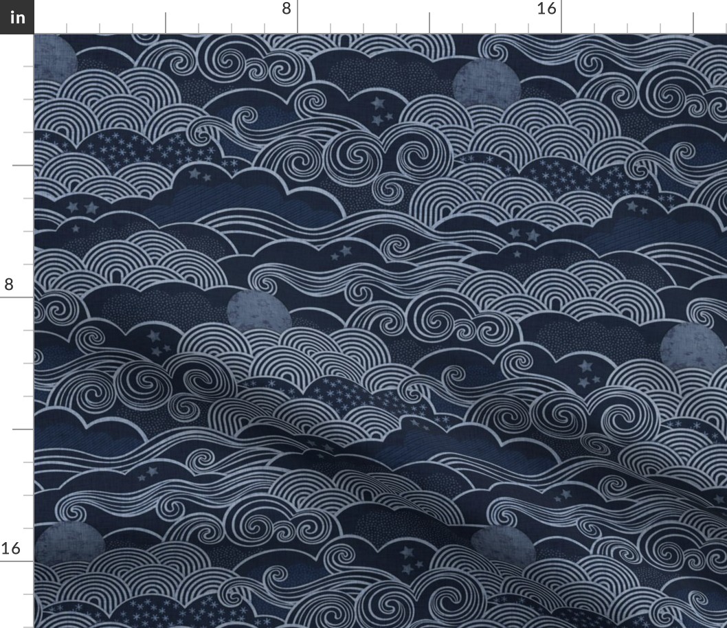 Cozy Night Sky Monochromatic Navy Blue Small- Full Moon and Stars Over the Clouds- Indigo Blue- Relaxing Home Decor- Nursery Wallpaper