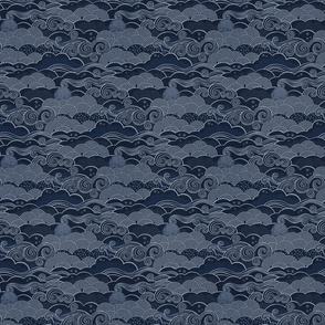 Cozy Night Sky Monochromatic Navy Blue Mini- Full Moon and Stars Over the Clouds- Indigo Blue- Relaxing Home Decor- Nursery Wallpaper