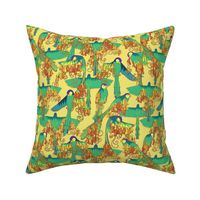 whimsical playful parrots golden yellow