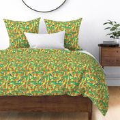 whimsical playful parrots golden yellow