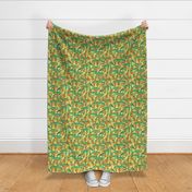 whimsical playful parrots golden yellow