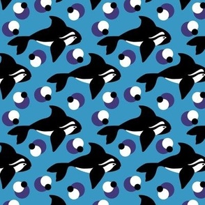 Orca Whale on Blue Background with Abstract Dots