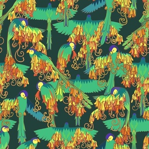 playful parrots - whimsical bright colorful retro birds - dark green deep forest green