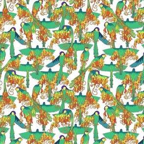 whimsical playful tropical green jungle parrots on white