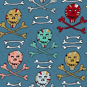 colorful skulls and crossbones on teal blue | large