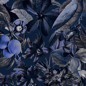 Moody Midnight Blue Jungle Bird And Flower Pattern 