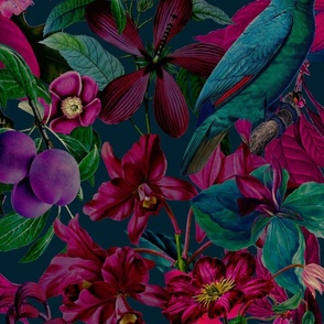 Moody Burgundy  Pink And Teal Jungle Bird And Flower Pattern