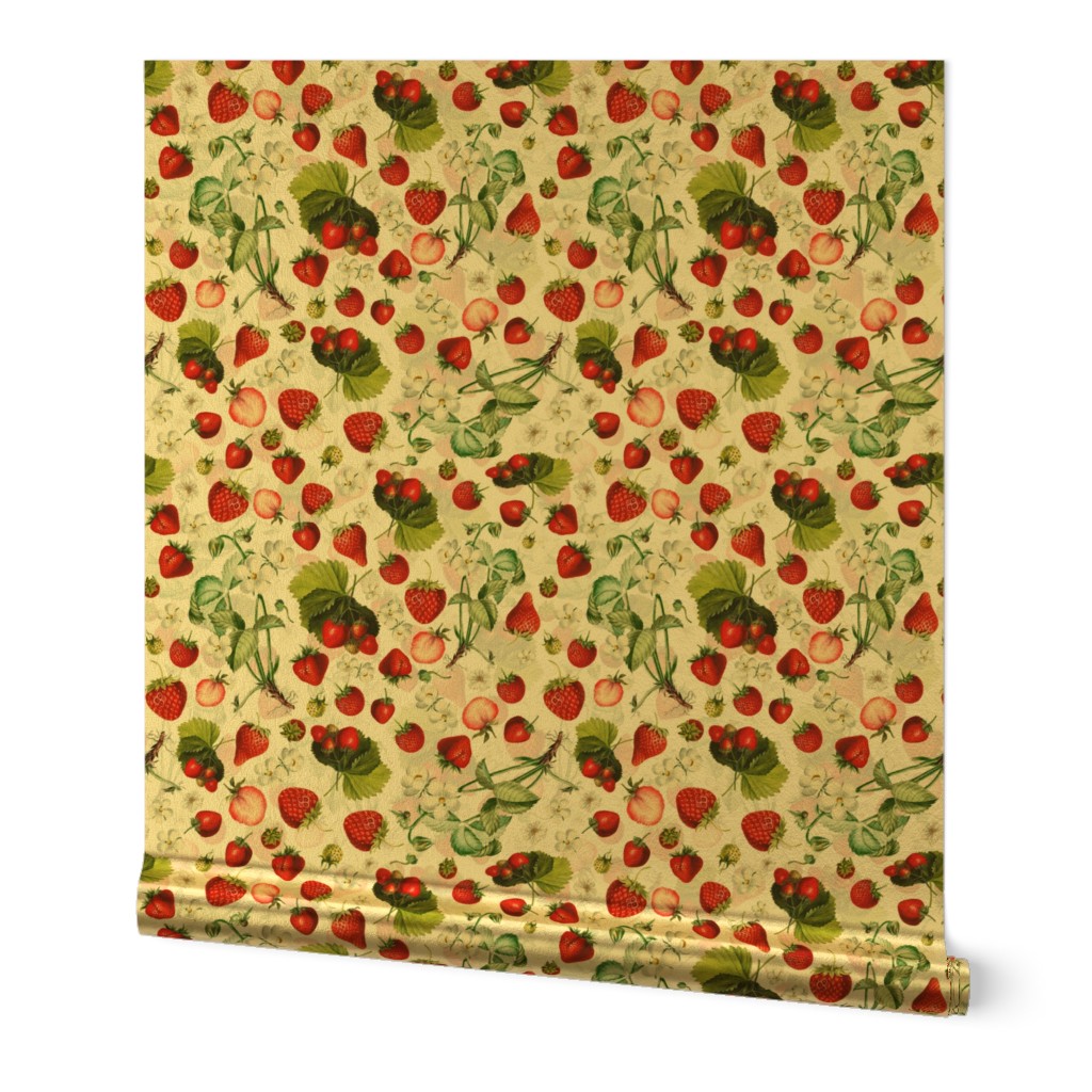 14" Antique Watercolor Strawberry Flower Meadow- Vintage Strawberries on white Fabric Double layer