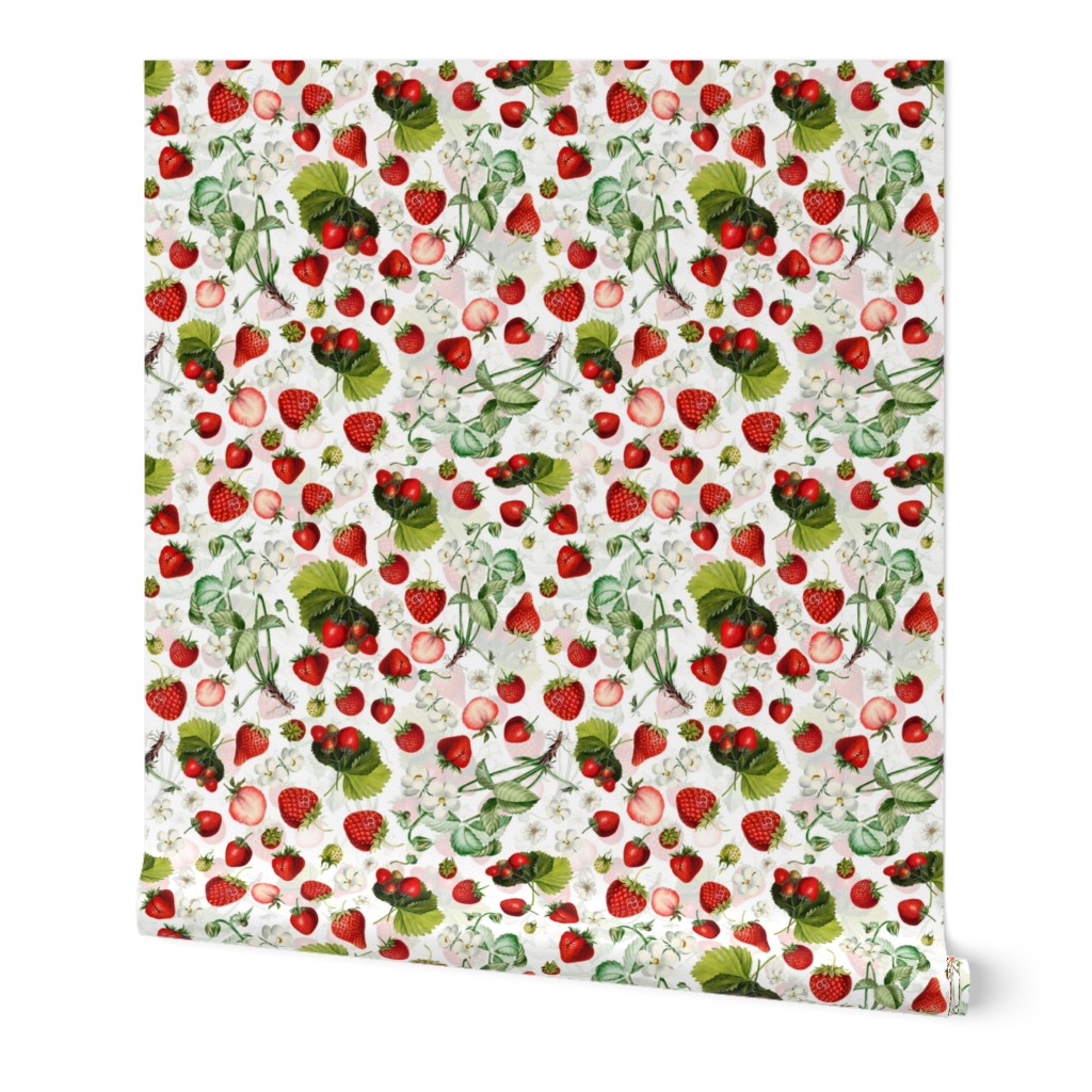 14" Antique Watercolor Strawberry Flower Meadow- Vintage Strawberries on white Fabric Double layer