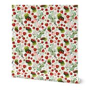 14" Antique Watercolor Strawberry Flower Meadow- Vintage Strawberries on white Fabric Double layer