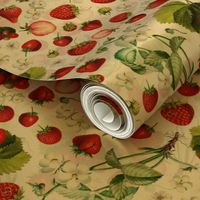 14" Antique Watercolor Strawberry Flower Meadow- Vintage Strawberries on white Fabric Double layer