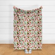 18" Antique Watercolor Strawberry Flower Meadow- Vintage Strawberries on white Fabric Double layer