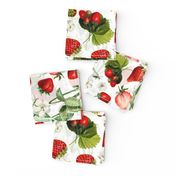 18" Antique Watercolor Strawberry Flower Meadow- Vintage Strawberries on white Fabric Double layer