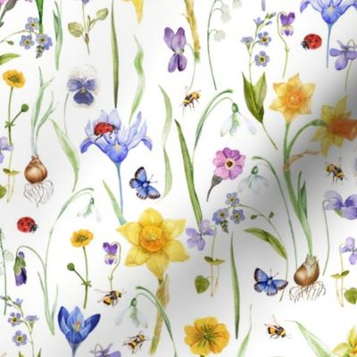 10" Hand Painted Colorful Watercolor  Spring flowers Fabric, Vintage Spring flower Fabric