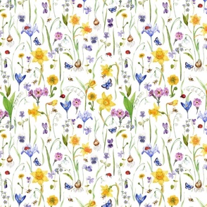 10" Hand Painted Colorful Watercolor  Spring flowers Fabric, Vintage Spring flower Fabric