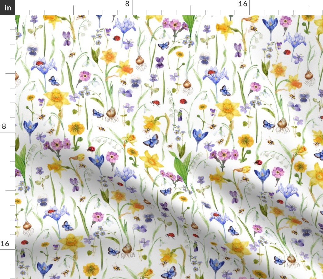 10" Hand Painted Colorful Watercolor  Spring flowers Fabric, Vintage Spring flower Fabric