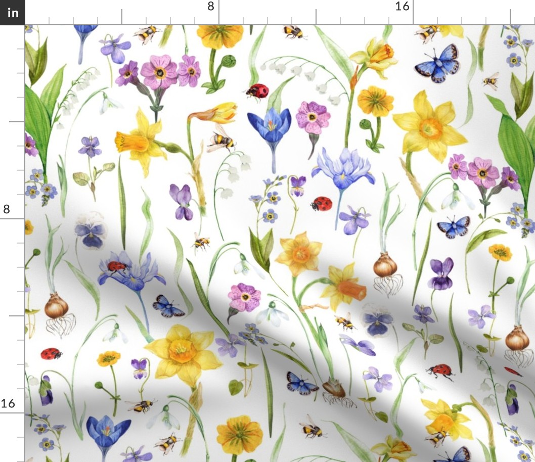 18" Hand Painted Colorful Watercolor  Spring flowers Fabric, Vintage Spring flower Fabric