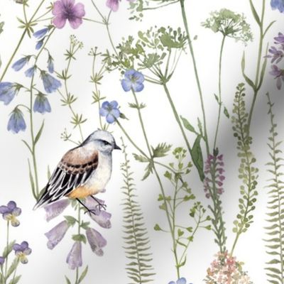 14" A Fragant Birds and Wildflowers Field, Midsummer Meadow Fields, Midsummer Wallpaper, Midsummer Fabric, Wildflowers And Birds Wallpaper