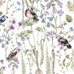 21" A Fragant Birds and Wildflowers Field, Midsummer Meadow Fields, Midsummer Wallpaper, Midsummer Fabric, Wildflowers And Birds Wallpaper