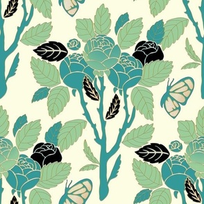Green roses_art deco_ivory_with butterfly  