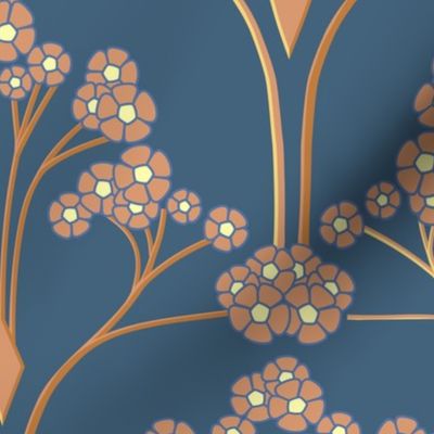 art deco floral wallpaper in teal blue and copper