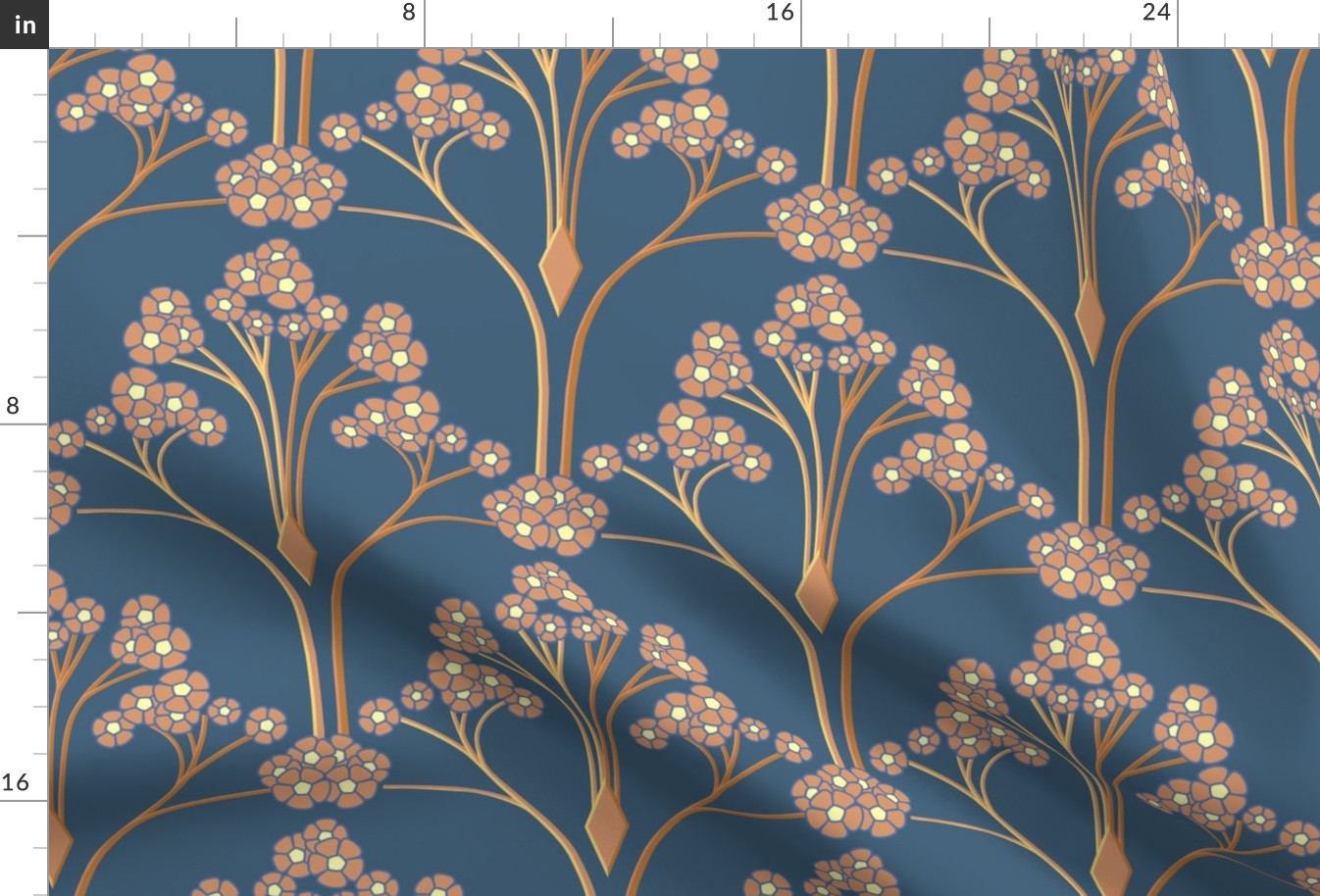 art deco floral wallpaper in teal blue and copper