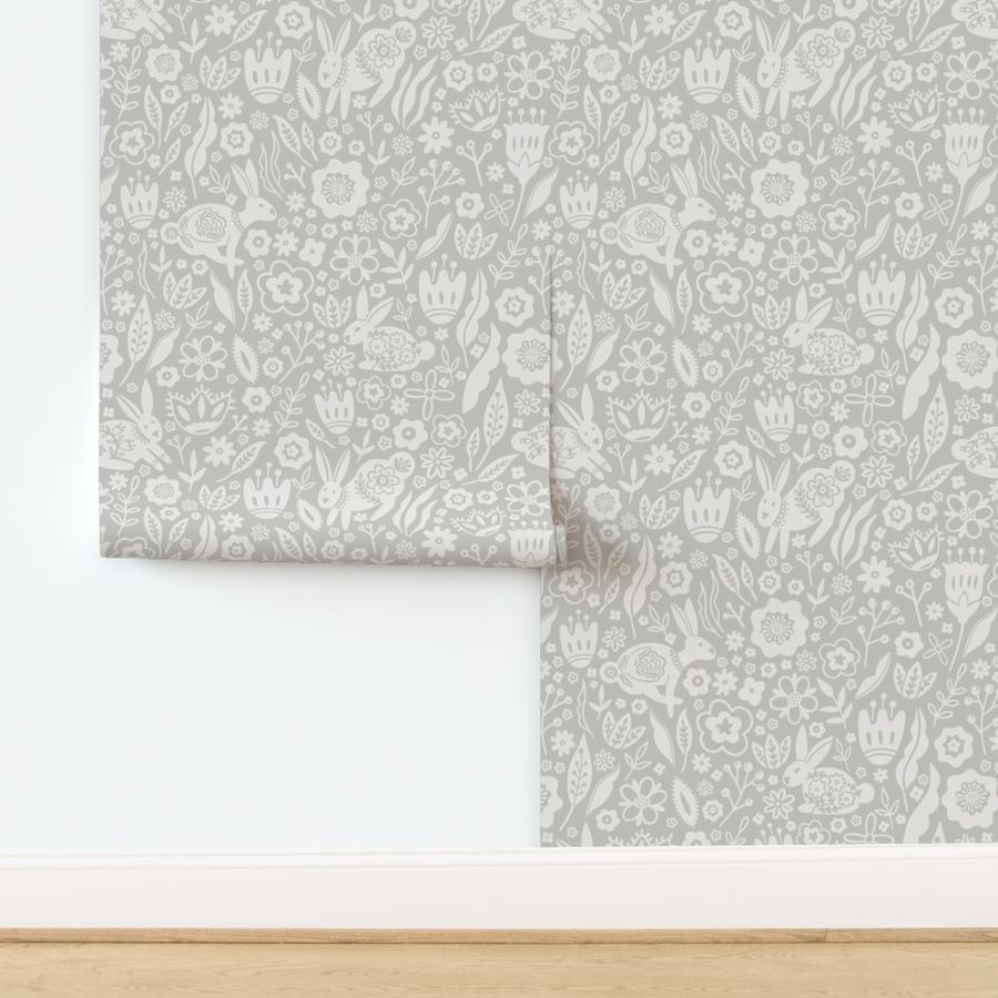 Folk art Bunnies on Flower Meadow on a muted grey background