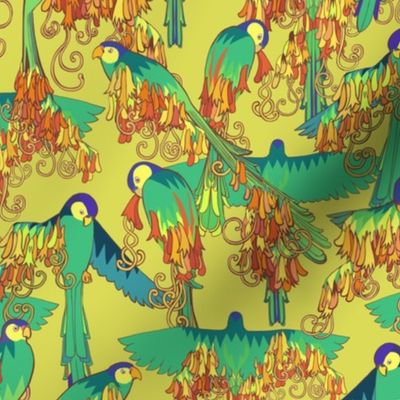 playful parrots whimsical floral lime green