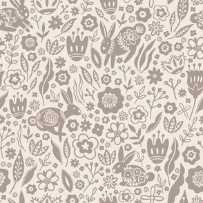 Folk art Bunnies on Flower Meadow in taupe on a light background