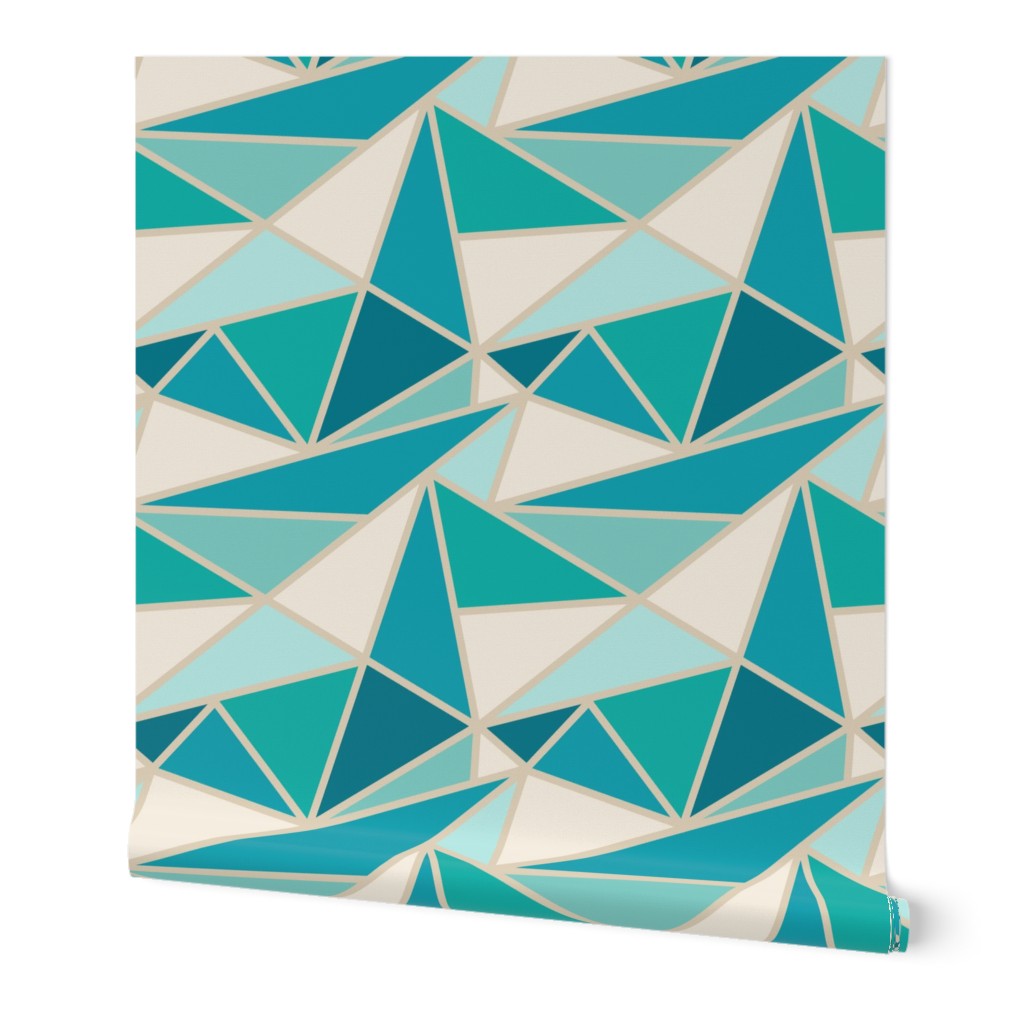 modern geometric abstract tangled triangles lagoon, turquoise, aqua, sand, cream, blue