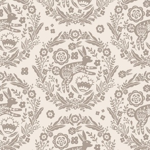 Folk Art Bunny and Floral Wreath in taupe on a white background