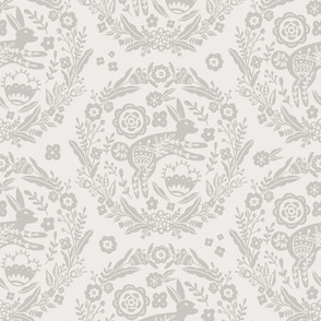 Folk Art Bunny and Floral Wreath in warm grey on a light background
