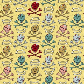 colorful skulls and crossbones on light yellow | medium