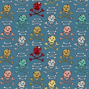 colorful skulls and crossbones on teal blue | medium