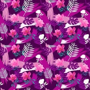 Tropical, Exotic Flowers, Palm and Monstera Leaves on the Purple Background Small