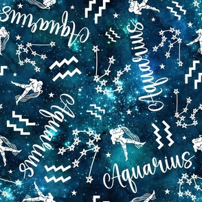 Large Scale Aquarius Zodiac Signs Symbols and Constellations on Teal Galaxy
