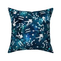 Large Scale Aquarius Zodiac Water Signs Symbols and Constellations on Teal Galaxy