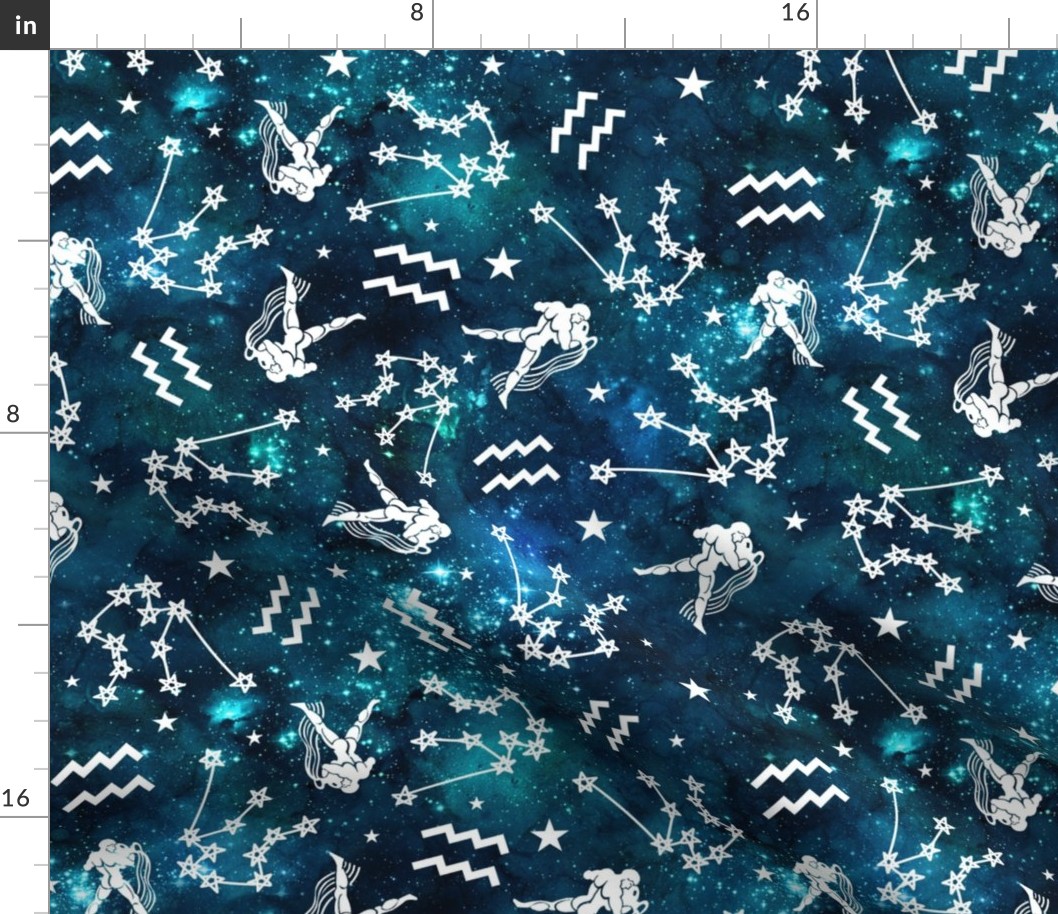 Large Scale Aquarius Zodiac Water Signs Symbols and Constellations on Teal Galaxy