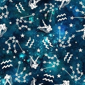 Medium Scale Aquarius Zodiac Water Signs Symbols and Constellations on Teal Galaxy
