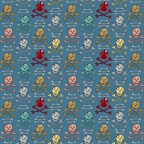 colorful skulls and crossbones on teal blue | small