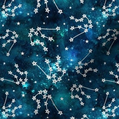 Medium Scale Aquarius Constellations and Stars on Teal Galaxy